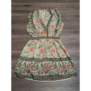 Bell Green Floral Block Print Mini Dress Beaded Tassel Boho Womens Medium
